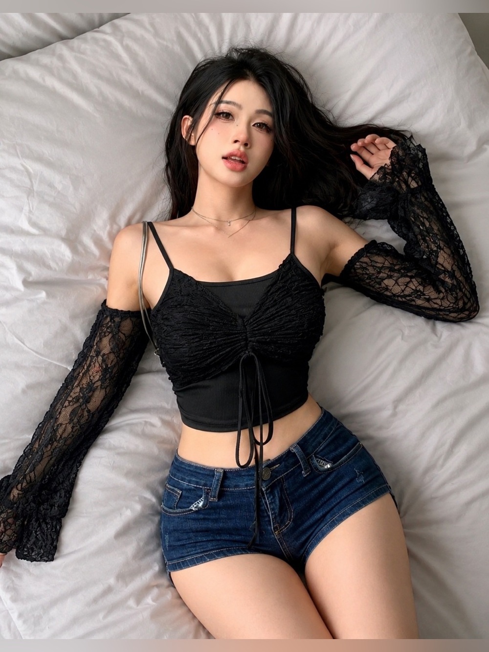Black Lace-Detail Ruched Cami Top - Women